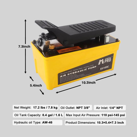 HYDRAULIC PRO 10,000 PSI Air Hydraulic Pump, 1.6L Reservoir, NPT 3/8" Oil Outlet, NPT 1/4" Inlet, Foot Pedal Operated, Yellow