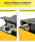 Detailed view of air hydraulic pump connections, featuring 3/8" NPT oil outlet and 1/4" NPT air connection, yellow casing.