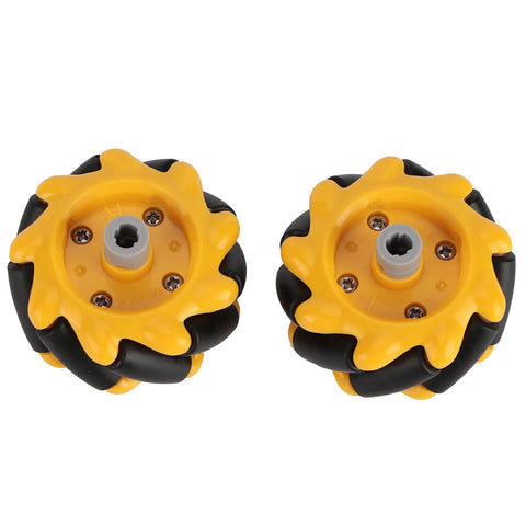Pair of 48mm yellow black Mecanum wheels for smart robot car parts, ABS rubber and copper finish, suitable for DIY projects, no welding.