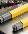 Stable Arc E6013 Welding Rods Three Thirty Second Inch, 60 Pack Carbon Steel Stick Electrodes size comparison in yellow packaging