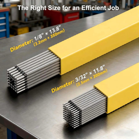Stable Arc E6013 Welding Rods Three Thirty Second Inch, 60 Pack Carbon Steel Stick Electrodes size comparison in yellow packaging