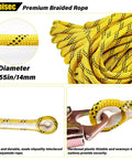 Durable 25 ft rope safety lanyard with braided polyester, 0.55 in diameter, alloy rope grab, for roof work and tree climbing