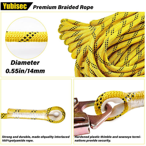 Durable 25 ft rope safety lanyard with braided polyester, 0.55 in diameter, alloy rope grab, for roof work and tree climbing