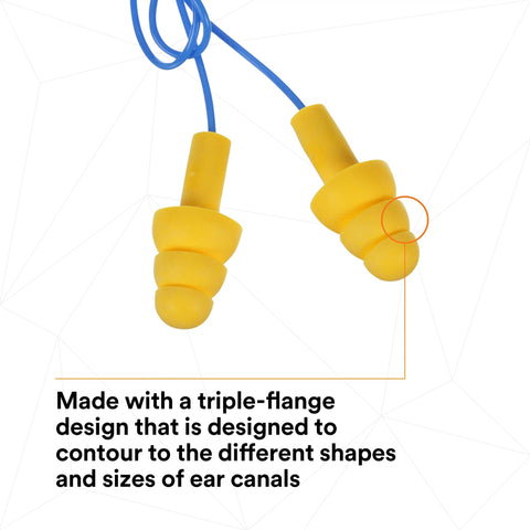 E A R UltraFit Corded Ear Plugs with triple-flange design, premolded, washable, reusable, yellow, ideal for industrial loud environments