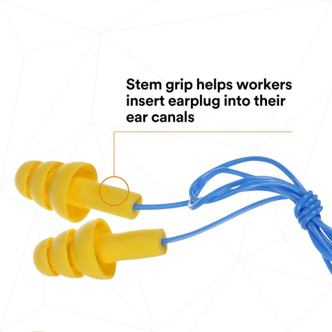 E A R UltraFit Corded Ear Plugs Premolded Triple Flange, yellow with blue cord, highlighting stem grip for ear insertion.