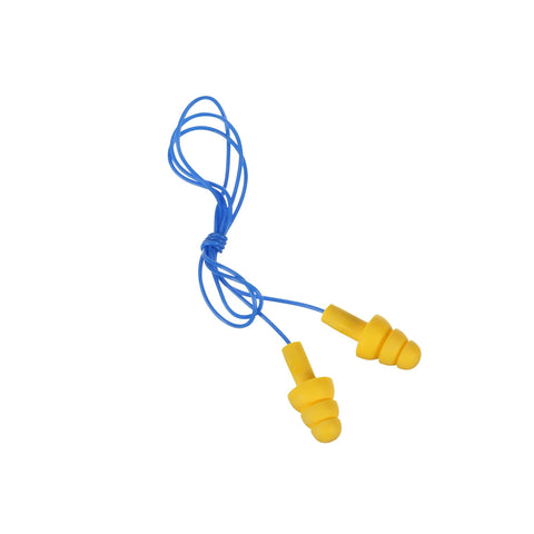 E A R UltraFit Corded Ear Plugs Premolded Triple Flange Comfort Fit No Roll Required Soft Washable Reusable Yellow with Blue Cord