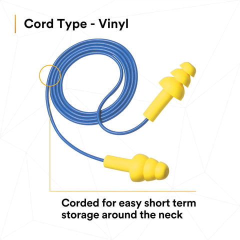 E A R UltraFit Corded Ear Plugs Premolded Triple Flange Comfort Fit No Roll Required Soft Washable Reusable Yellow Vinyl Cord