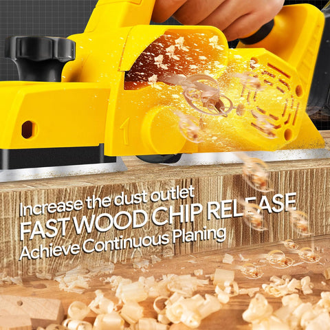 Cordless handheld planer powered by a 20V Max battery delivering wood chips during precise edge trimming on a workbench.
