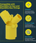 Brass Push Depth Gauge And Deburring Tool for Copper and Plastic Pipe showing compatibility with SharkBite fittings and features