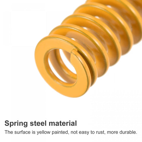 Close-up of yellow 3D Printer Die Springs 8mm OD 60mm Long 20 Pack Spiral for moulding, spring steel material, light load compression.