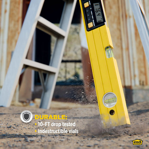 24 Inch Digital Level With LCD Readout And Audible Alerts For Precise Alignment In Construction Carpentry And DIY Projects Featuring A Heavy Duty Aluminum Frame in use outside.