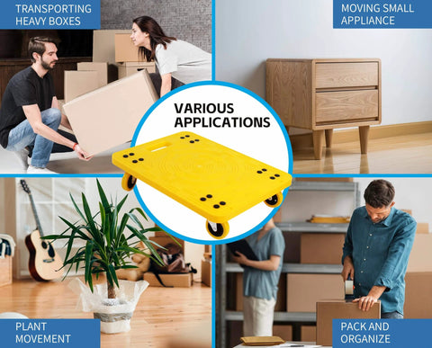 ✝️ High Visibility Yellow 300-lb Capacity Movers Dolly with 4 Swivel Casters, 19-1/2" x 14-1/2" Platform shown in various applications