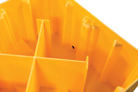 Close-up of yellow Beefed Up Heavy Duty Drum Spill Containment Pallet with Drain and Forklift Pockets interior section.