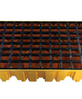 Top view of Beefed Up Heavy Duty Drum Spill Containment Pallet With Drain And Forklift Pockets, 66 Gallon Sump, yellow, for two drums.