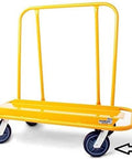 Yellow drywall dolly with Drywall & Sheetrock Dolly Polyurethane Wheels with Axles Set of 4 - USA Made, shown on white background.