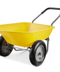 Dual Wheel Home Utility Yard Wheelbarrow Garden Cart with Built In Stand 5 Cubic Foot Capacity 330 lb Load Yellow front view