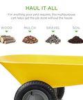 Close-up of Dual Wheel Home Utility Yard Wheelbarrow Garden Cart with Built In Stand 5 Cubic Foot Capacity 330 lb Load Yellow