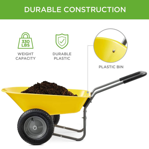 Dual Wheel Home Utility Yard Wheelbarrow Garden Cart with Built In Stand 5 Cubic Foot Capacity 330 lb Load Yellow for Lawn Gardening Landscaping