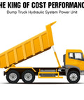 Illustration of dump truck with raised bed powered by Heavy Duty Electric Hydraulic Pump Unit For Dump Trailer with Metal Reservoir 12V DC Motor 3200 PSI Max Pressure Double Acting Cylinder Lifts Up To 5 Tons And Handles Tough Loads By DC House.