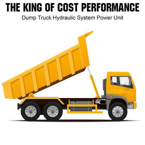 Illustration of dump truck with raised bed powered by Heavy Duty Electric Hydraulic Pump Unit For Dump Trailer with Metal Reservoir 12V DC Motor 3200 PSI Max Pressure Double Acting Cylinder Lifts Up To 5 Tons And Handles Tough Loads By DC House.