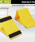 Bright Yellow Heavy Duty Wheel Chocks With Non Slip EVA Base For RV And Trailer 2 Pack No Rope Hassle And Lightweight Tire Stoppers For Cars Campers Trucks Fits Most Tire Sizes PR1ME displayed in standing position, showing non-slip EVA foam.