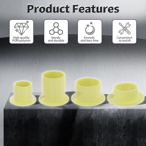 Flanged POM Sleeve Bearings 10mm ID By 12mm OD By 6mm Length With 18mm Flange Diameter Pack Of 4 shown with product features