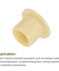 Yellow POM flanged sleeve bearing 8 mm inner by 10 mm outer diameter with 15 mm flange for mechanical assemblies and DIY projects.