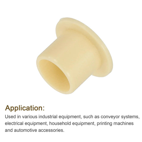 Yellow POM flanged sleeve bearing 8 mm inner by 10 mm outer diameter with 15 mm flange for mechanical assemblies and DIY projects.