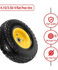 10" solid rubber tires and yellow wheels 4.10/3.50-4 flat free tire with 5/8" bearings for carts, wagons, and wheelbarrows