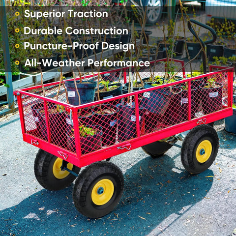 Red garden cart with plants on 4.00-6 tire and wheel flat free, 2 pack 13" solid tires and 5/8" axle bore hole, yellow wheels.