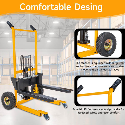 Foldable Hydraulic Material Lift Winch Stacker 450 Lbs Capacity With 35.8 Inch Max Lift And 9 Inch Wheels displayed in warehouse