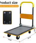 Foldable Push Cart Platform Cart 330lbs Capacity, Heavy Duty Steel Platform Truck Cart, 360 Degree Swivel, side view, yellow