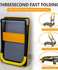 Folded yellow Foldable Push Cart Platform Cart 330lbs Capacity, Heavy Duty Steel Platform Truck Cart with instructions for easy folding.