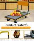 Foldable Push Cart Platform Cart 330lbs, yellow, with 360 swivel wheels, loaded with fruits, features anti-slip armrest grip.
