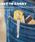 4-pack folding utility knife with quick-change blades clipped to a jeans pocket for easy carrying; yellow handle visible.