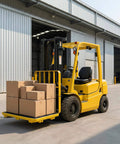 Yellow forklift transporting cardboard boxes outside a warehouse