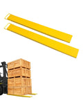 Boosts Your Forklift Reach With 72 Inch Extensions, 5500 Lbs Capacity, 5.5 Inch Wide, Heavy Duty Pallet Fork Extenders shown with forklift and crates