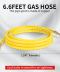 6.6-foot yellow gas hose with 1/4 inch female ends, suitable for connect to Beefed Up Nitrogen Regulator For Welding And Fabrication With 0 To 4000 PSI Input And 0 To 600 PSI Output, CGA580 Inlet, One Quarter Inch Male Flare Outlet, Two Inch Gauges With Protective Boots, Five Foot Refrigeration Hose For Home And Pro Use.