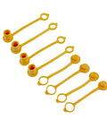 Four sets of yellow rubber dust caps and plugs, 16mm, for propane and natural gas quick connect couplers, arranged flat.