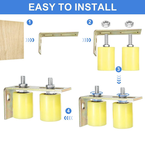 Instrucciones de montaje Roller guía para puertas, con 4 rodillos de nailon y 2 soportes en forma de L, de 2 Inch y 60 mm de longitud, color amarillo.