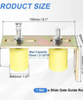 Sliding Gate Guide Roller Set With L Shaped Post Bracket, Includes Two Nylon Rollers In Diameter One And Five Eighths Inch And Length Two Inches, Universal Ball Bearing Gate Guider For Sliding Doors, Gate Support Assembly, Yellow, product dimensions shown.