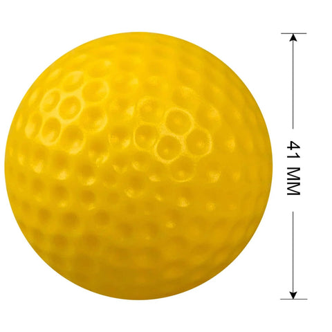 Close-up of a yellow practice golf ball, 41mm, from Practice Golf Balls - 24 Pack Colored Plastic Balls 41mm Training Realistic Feel Limited Flight.
