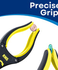 Close-up of Two Pack Extra Long Grabber Reacher With Rotating Jaw holding a coin, highlighting precise grip and yellow design.