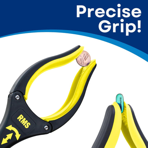 Close-up of Two Pack Extra Long Grabber Reacher With Rotating Jaw holding a coin, highlighting precise grip and yellow design.