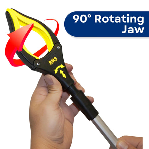Close-up of Two Pack Extra Long Grabber Reacher With Rotating Jaw 34 Inch Total Length And 32 Inch True Reach Mobility Aid in use