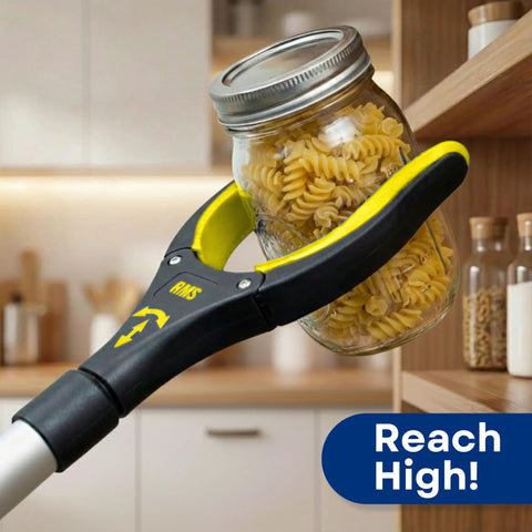 Two Pack Extra Long Grabber Reacher With Rotating Jaw holding jar of pasta on shelf, yellow mobility aid for decluttering.