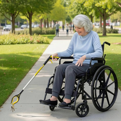 Woman in wheelchair using Two Pack Extra Long Grabber Reacher With Rotating Jaw 34 Inch Total Length And 32 Inch True Reach Mobility Aid