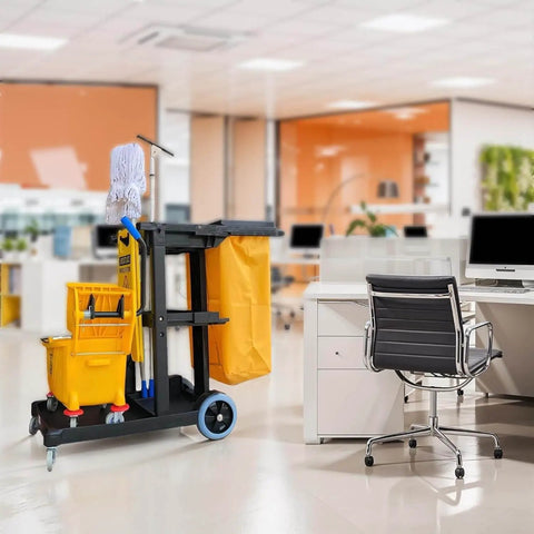 Beefed-Up Heavy Duty Commercial Cleaning Cart With 3 Shelves And Lid, Waste Bag Included in an office setting.
