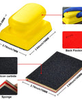 24 Piece Sanding Sponge Set 180 To 3000 Grit Foam Hand Sander 3x4in Wet Dry, showing yellow hand block with measurements and material details.