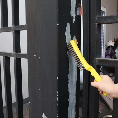 Using Wire Scratch Brush 2 Set, Heavy Duty Stainless Steel 11 Inch with Plastic Handle for descaling rust on metal surface